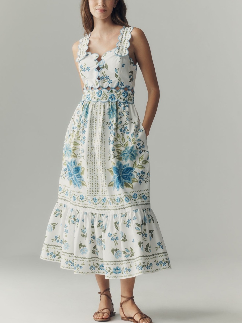 Farm Rio x Anthropologie Sleeveless Scallop-Trim Printed Midi Dress NWT